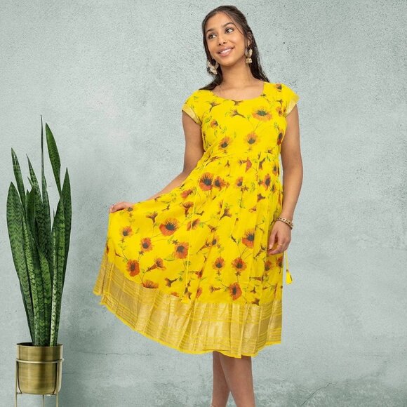 Elegant Yellow Silk Knee-Length Dress | Muvvas Boutique - Picture 2 of 6